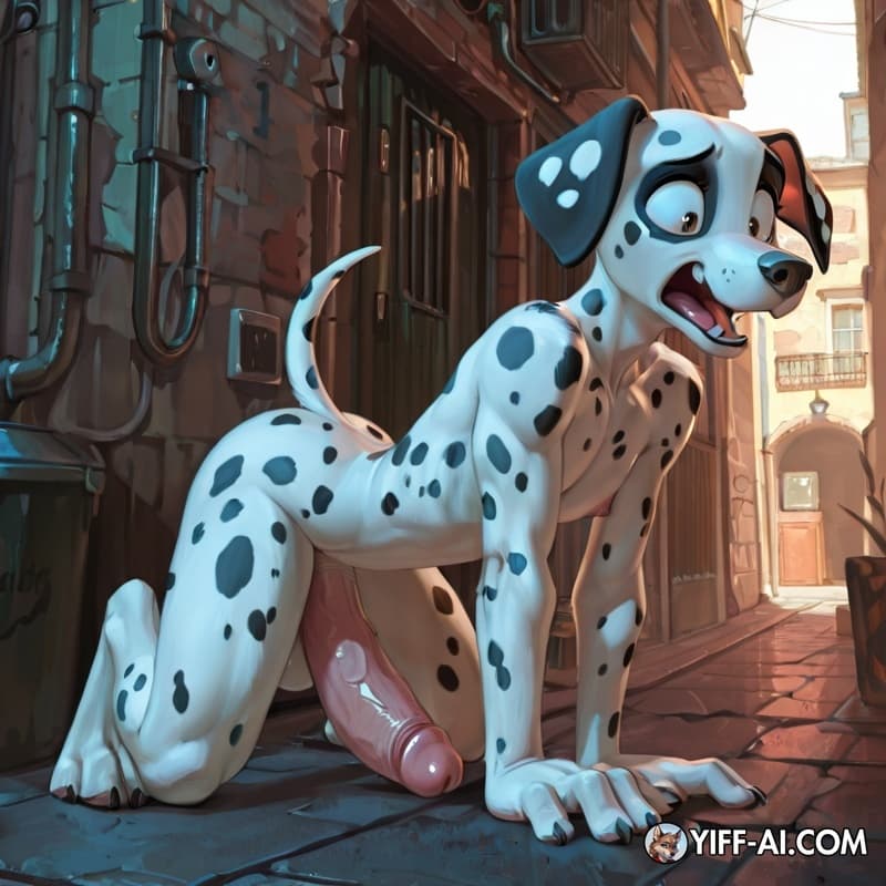 Dalmatian, adolescent_anthro, big_cocks, big_hands, big_feet, hyper_penis, erect_nipples, big_nipples, cumming, scared_face, alley, all_fours, 