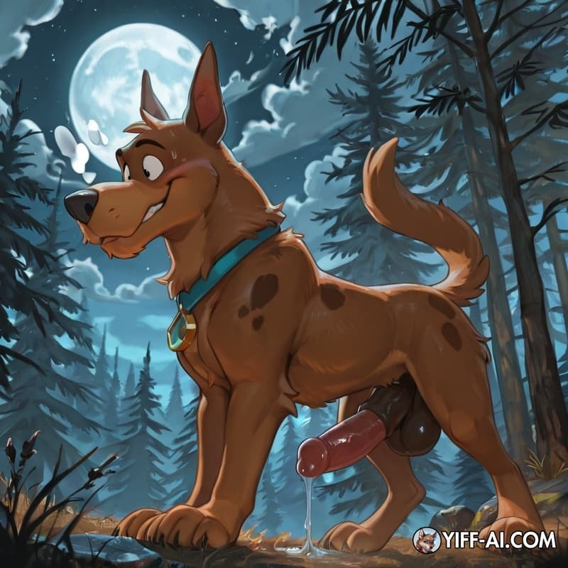 Solo scooby doo with his feral cock dripping pre overtop of the camera with wooded background and a full moon in the air