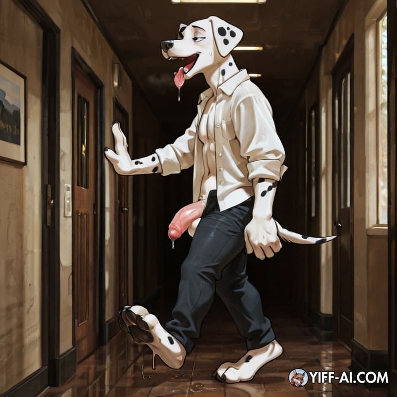 Dalmatian, adolescent_anthro, open_shirt, pants, big_hands, big_feet,  open_pants, corridor, walking, big_cock, flaccid, leaking_precum, sweat, drooling, drooling_tongue, open_mouth, solo, side_view, 