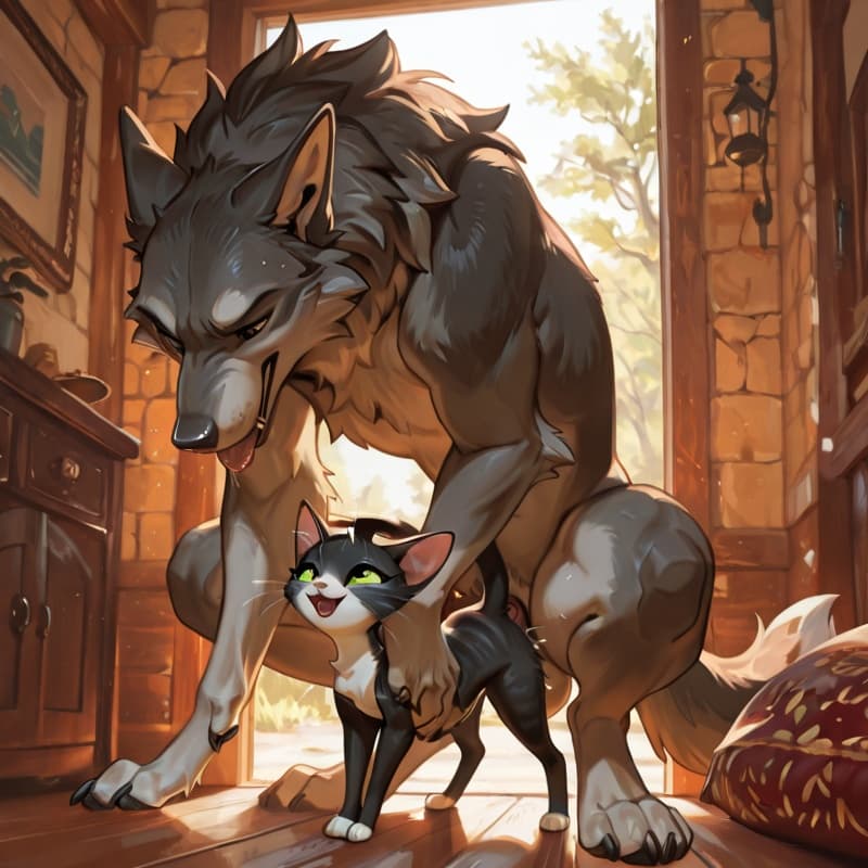  male wolf, squatting , (female_cat), penetration, size_difference, larger_male, (juvenile_female:1.3), balls_deep,  (younger_female:1.3), (playful:1.3), (happy_sex:1.3), (feral_female:1.3), (feral_pe