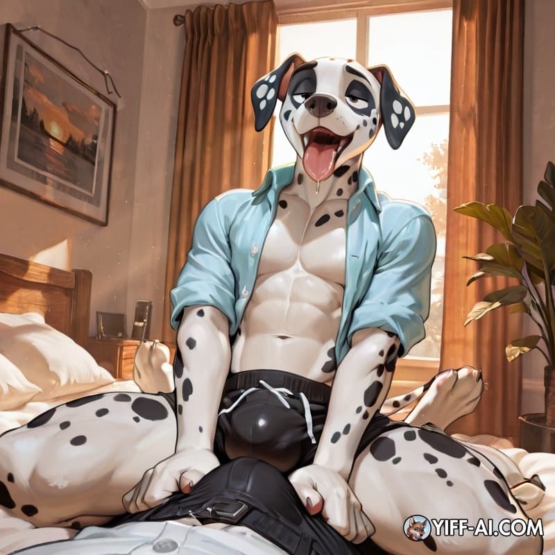 Dalmatian, muscular_anthro, adolescent_anthro, open_shirt, bulge, bulge_grab, open_mouth, tongue_out, drooling_tongue, drooling, bedroom, pawpads, 
