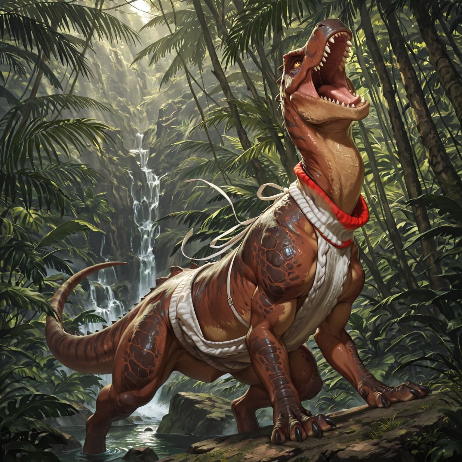 solo, feral,  male, dinosaur, scalie, tyrannosaurus_rex, jungle, roaring, virgin_killer_sweater, 