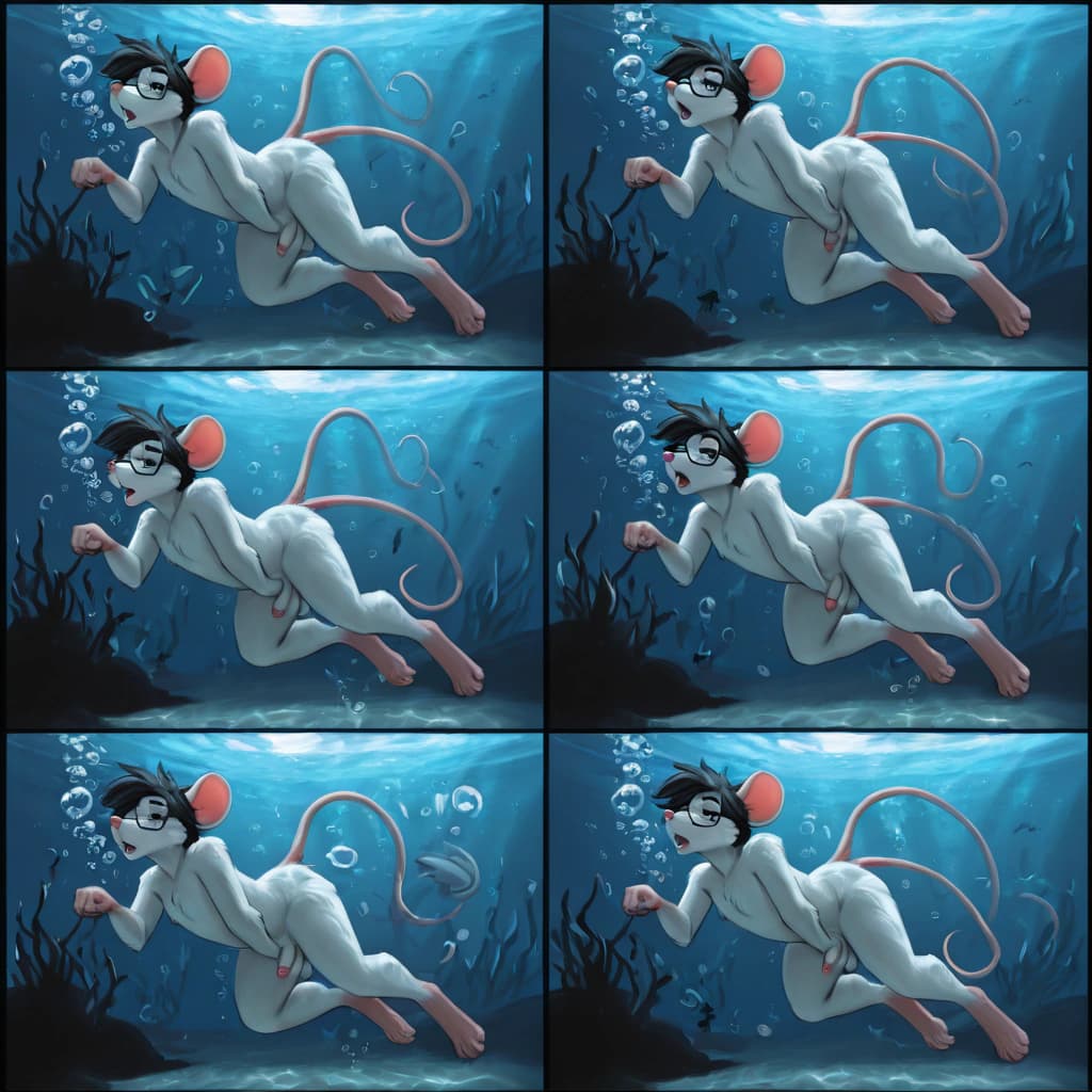 By Byondrage, by Maddworld,   mouse, Male flat_chested,  White skin, White fur, Cats_Tail, fluffy_tail, Glasses, Black hair, small_penis, micropenis,  flaccid, solo_focus,   underwater, darkness, nigh