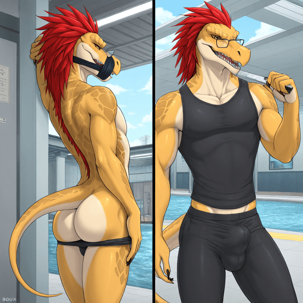 by brouva, by dark_nek0gami, by spiritalpha,  skinny Male, Male Kig-yar Ruuhtian scales, vanilla skin vanilla body, bulge, erection_under_clothing, short_tail, solo_Focus multiple_piercings, short_mal