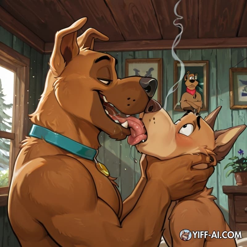 duo, furry, dog, anthro, male, gay, oral_vore, stoned, courage_the_cowardly_dog, swallowing, Scooby, smoking_marijuana, french_kissing, soft_vore, 