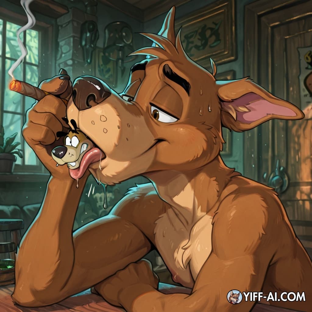 male, furry, gay, stoned, soft_vore, oral_vore, same_size_vore, smoking_marijuana,  cartoon, courage the cowardly doggy,  Scooby doo oral_vore, 
