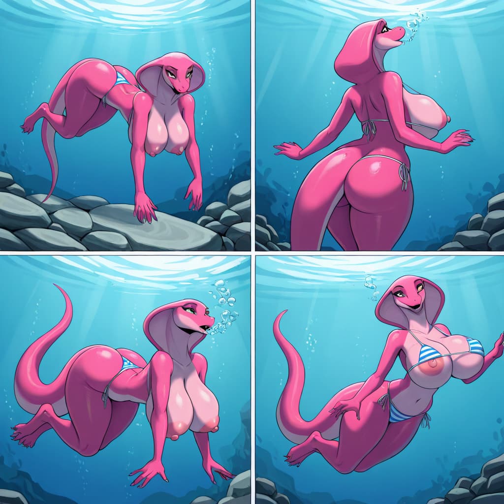 by byondrage Anthro Cobra, Pink skin, pink scales, Pink body, Big nipples, snake_hood, no_tail solo_focus, striped_bikini, underwater, stripping, strip, floating, swimming, butt, drowning, sinking,