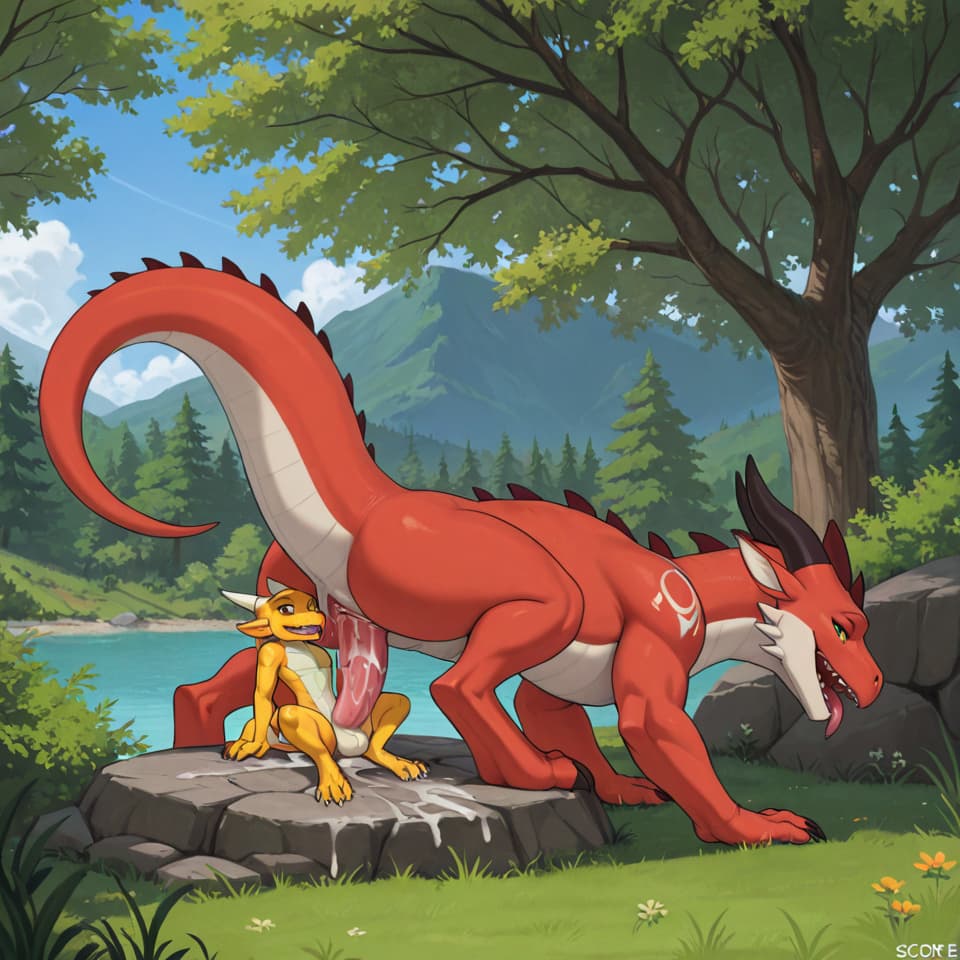 Trio, +dragon, male, huge, big_penis, +kobold, female, playful, +kobold, female_plafull, playful, dragon_penetrating_kobold, vaginal_penetration, living_condom, cum_in_vagina, size_difference, outside