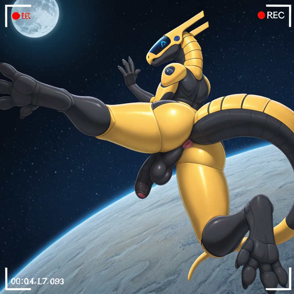 By Vader-San, by zairiza ,  synth, Male, Long foreskin, solo_focus,  butt spreading, anus, Space Station, Space, Moon, Floating, outer space, caught_in_the_act, recording, surprised