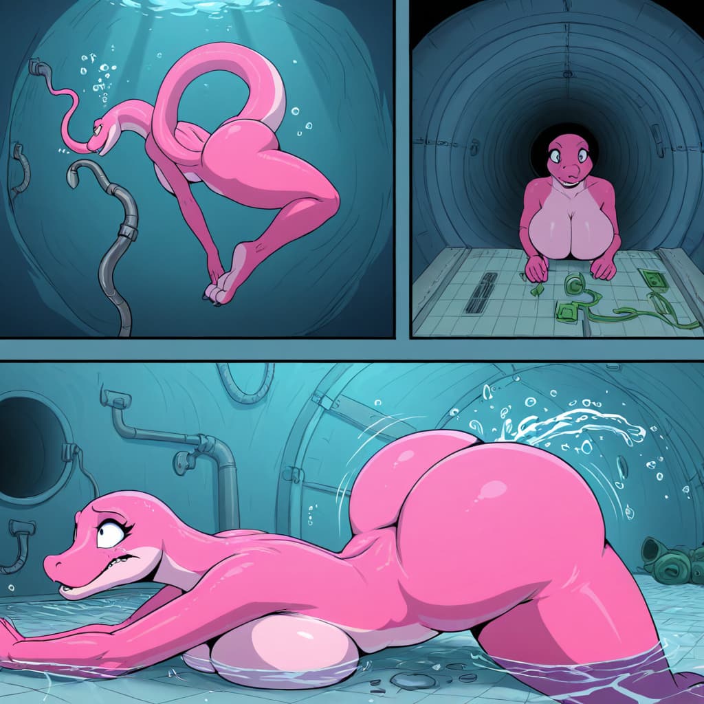 by byondrage, By chikiota  Anthro Cobra, Pink skin, pink scales, Pink body, Big breasts, breast_squish, big butt snake_hood, tailless, solo_focus,  vagina,   sewers, sewage, underwater, swimming, pipe