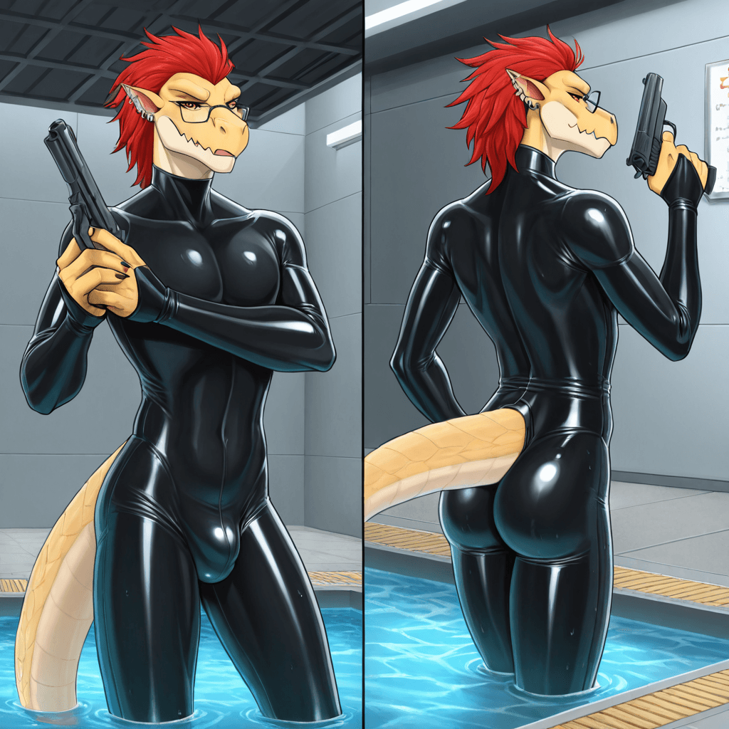 by brouva, by dark_nek0gami, by spiritalpha, by Narse, skinny Male, Male Kig-yar Ruuhtian scales, vanilla skin vanilla body, bulge, short_tail, solo_Focus multiple_piercings, short_male, older_male, g