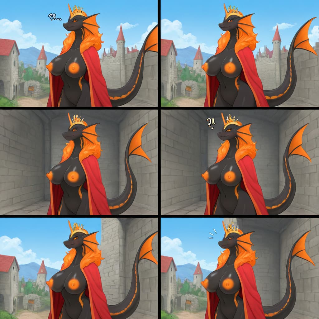 By Vader-San, by zairiza ,  black body, yellow skin, orange_Nipples, Orange vagina orange hair black_scales Orange horns, tail_fin, robe, queen, crown solo_focus, wardrobe_malfunction,  Kingdom, Castl
