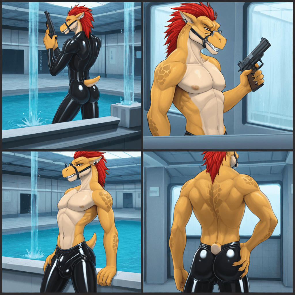 by brouva, by dark_nek0gami, by spiritalpha, by Narse, skinny Male, Male Kig-yar Ruuhtian scales, vanilla skin vanilla body, bulge, erection_under_clothing, short_tail, solo_Focus multiple_piercings, 