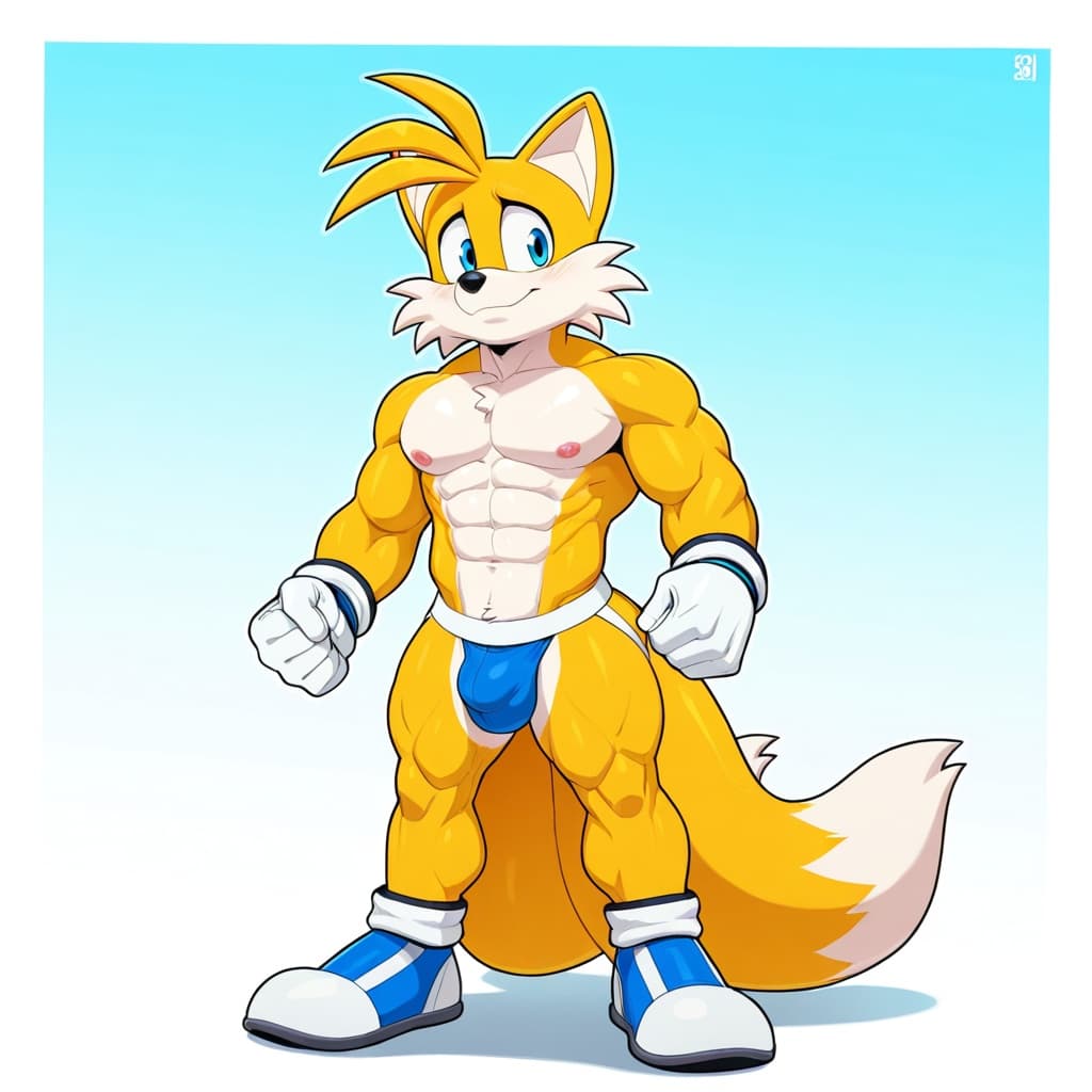 male, solo, anthro, fox, yellow_fur, Tails_Nine_(sonic prime), muscular, abs, six-pack, 2_tails, white_gloves, jockstrap, detailed_bulge, medium_bulge, standing, full_body, three-quarter_view, robotic
