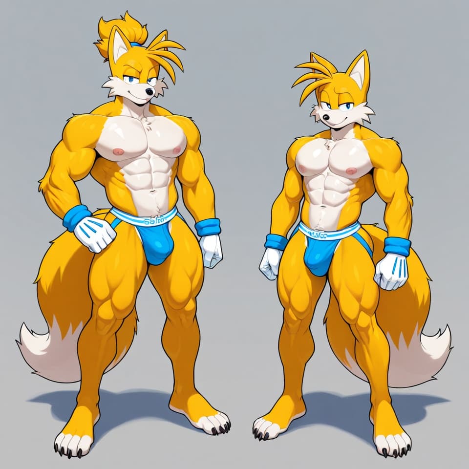 male fox , Nine by Sonic, yellow_fur, 2_tails, muscular, adult anatomy ,abs, six-pack, standing, white_gloves, jockstrap, detailed_bulge, mediun bulge, full body, three-quarter_view, hair up,