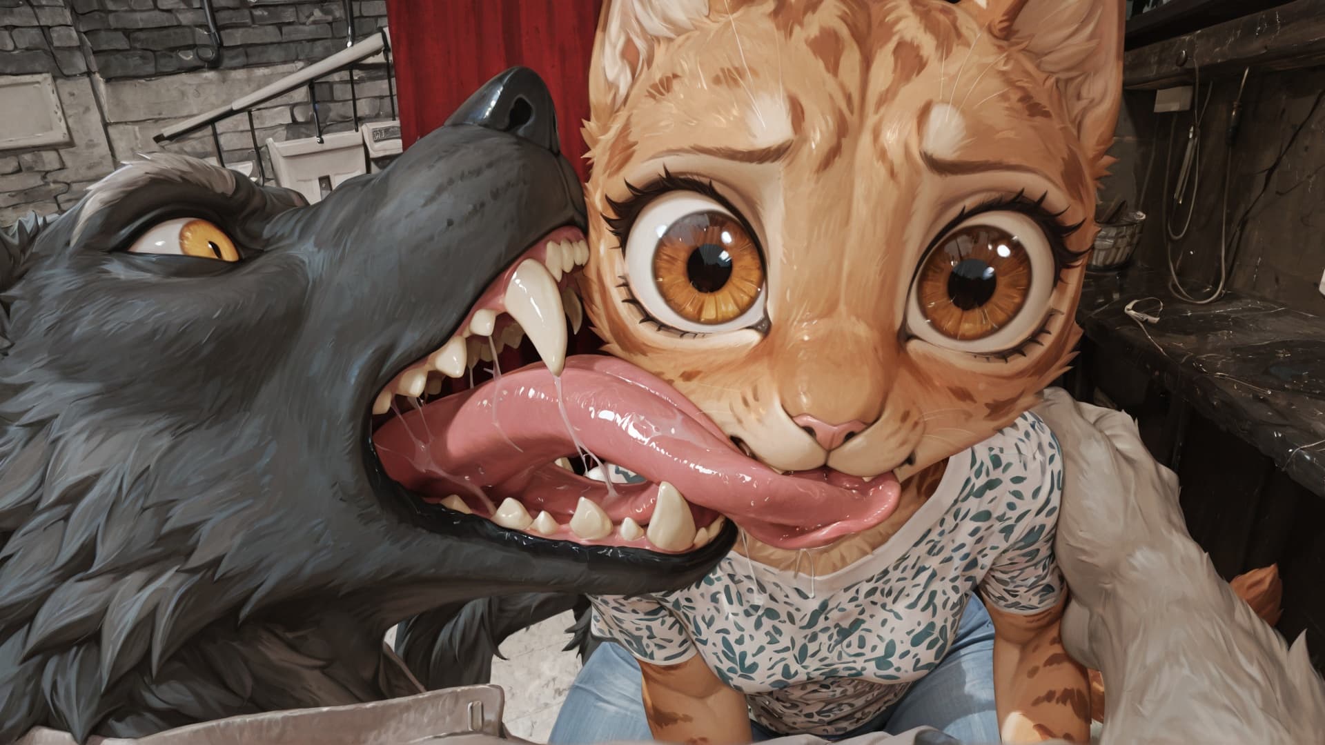 duo, anthro, male/female, felid, werewolf, licking, licking_partner, long_tongue, sharp_teeth, saliva, saliva_string, scared_female, wide_eyed, big_eyes, shirt, 