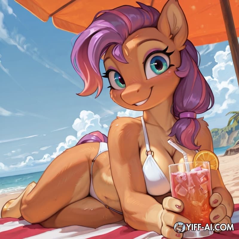 Sunny_starscout, earthpony, anthri, female, on beach, white bikini, siping drink, smiling at viewer,