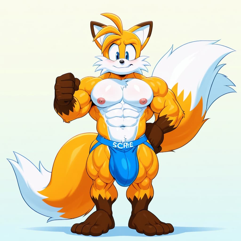 duo, 2 _boys,  male fox, Tails by Sonic, orange_fur,  2_tails, muscular, abs, six-pack,  standing, hand_on_hip,  male fox , Tails_Nine by Sonic, yellow_fur,   2_tails, muscular, abs, six-pack,  standi