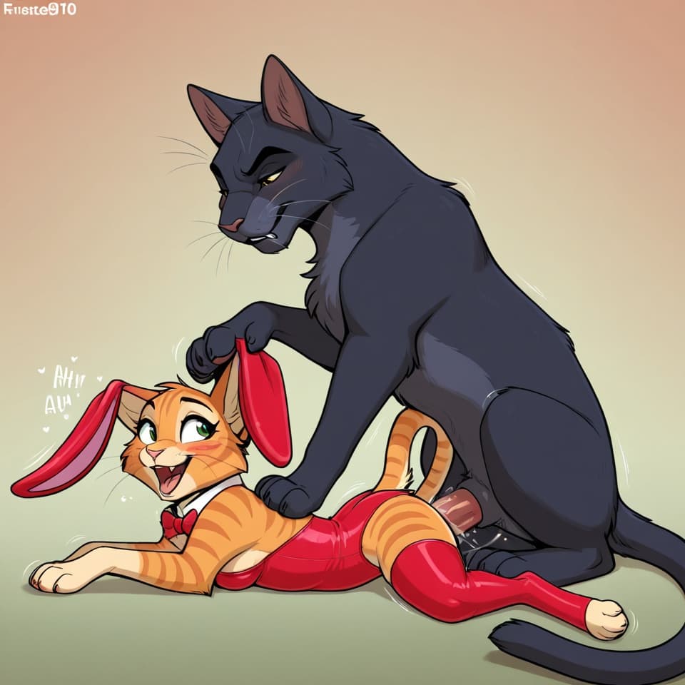 (Male cat, (feral:1.3), humanoid_penis), (female bunny, (feral:1.3)), vaginal_penetration, penetration, feral_on_feral, feral_penetrating_feral, size_difference, larger_male, male_penetrating_female,