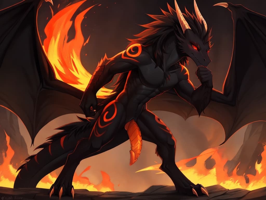 by_kluclew, solo, solo, demonic, anthro, dragon, vantablack_fur, furred_dragon, furry_tail, digitigrade, three_toes, clawed_feet, firey_mane, fire_spine, runic_markings, glowing_markings, glowing_eyes