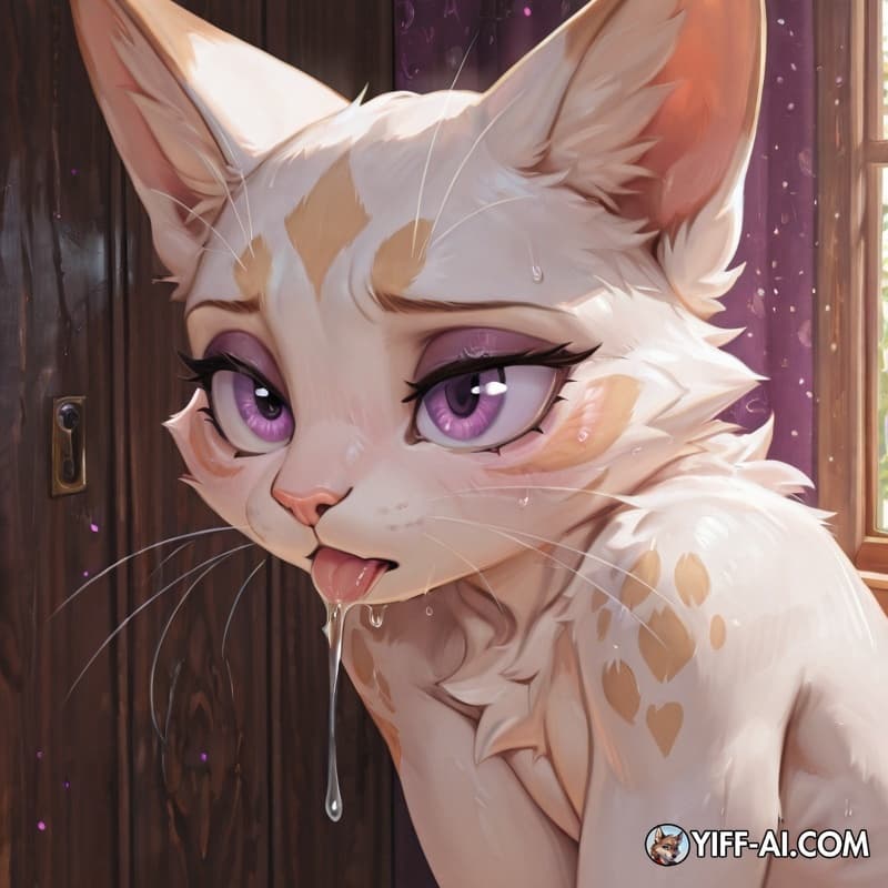 solo, anthro, buff cat with white fur and purple_eyes, cock dripping,