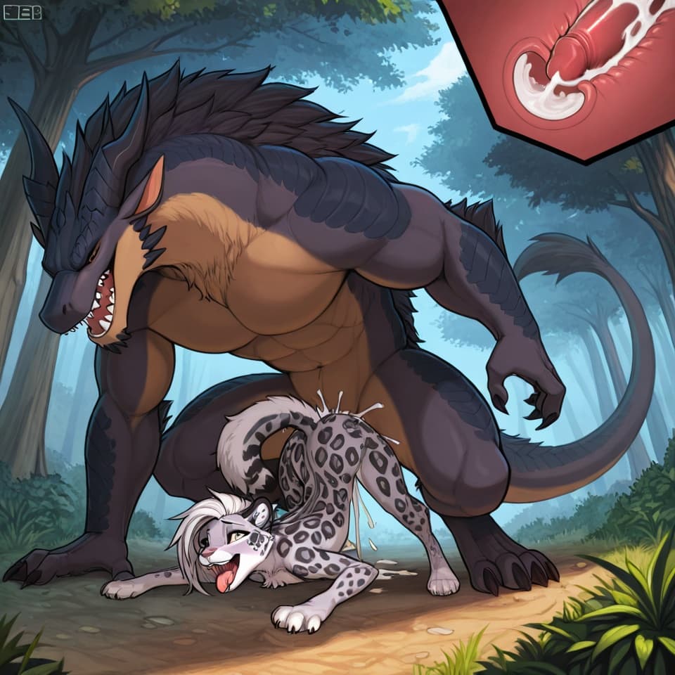 (Male dragon (feral:1.3)), (female leopard (feral:1.3)) male_penetrating, female_penetrated, fully_inside, size_difference, larger_male, large_penetration, cum_inside, 