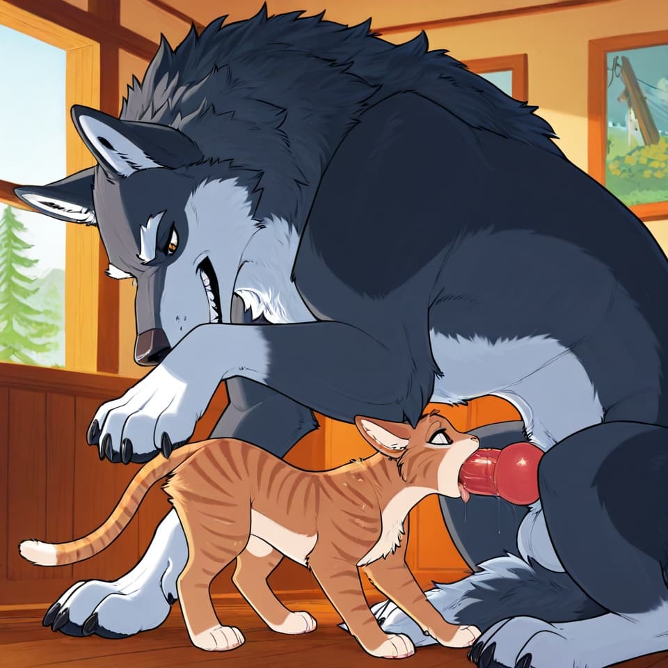(Male wolf, huge, (feral:1.3), humanoid_penis), (female house_cat, (feral:1.3)), oral_penetration, feral_on_feral, feral_penetrating_feral, size_difference, larger_male, random_position,