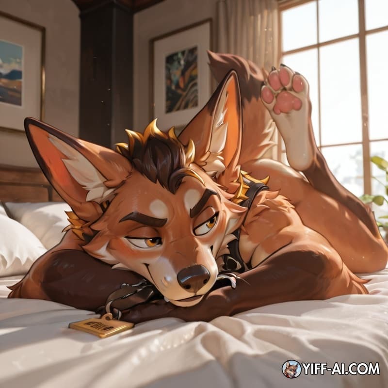 Ultra high-quality cinematic 3D render of an anthropomorphic wolf/yeen character named Vibes, lying confidently on a soft white bed or studio surface, viewed from a low front-left angle. He has a warm