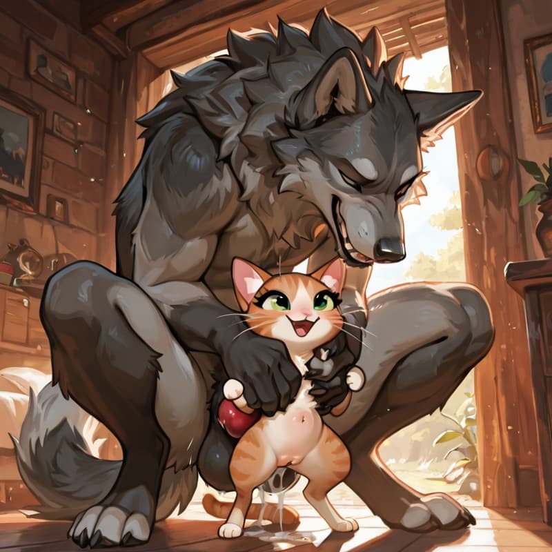  male wolf, squatting , (female_cat), penetration, (extreme_size_difference:1.3), size_difference, larger_male, (juvenile_female:1.3), balls_deep,  (younger_female:1.3), (playful:1.3), (happy_sex:1.3)