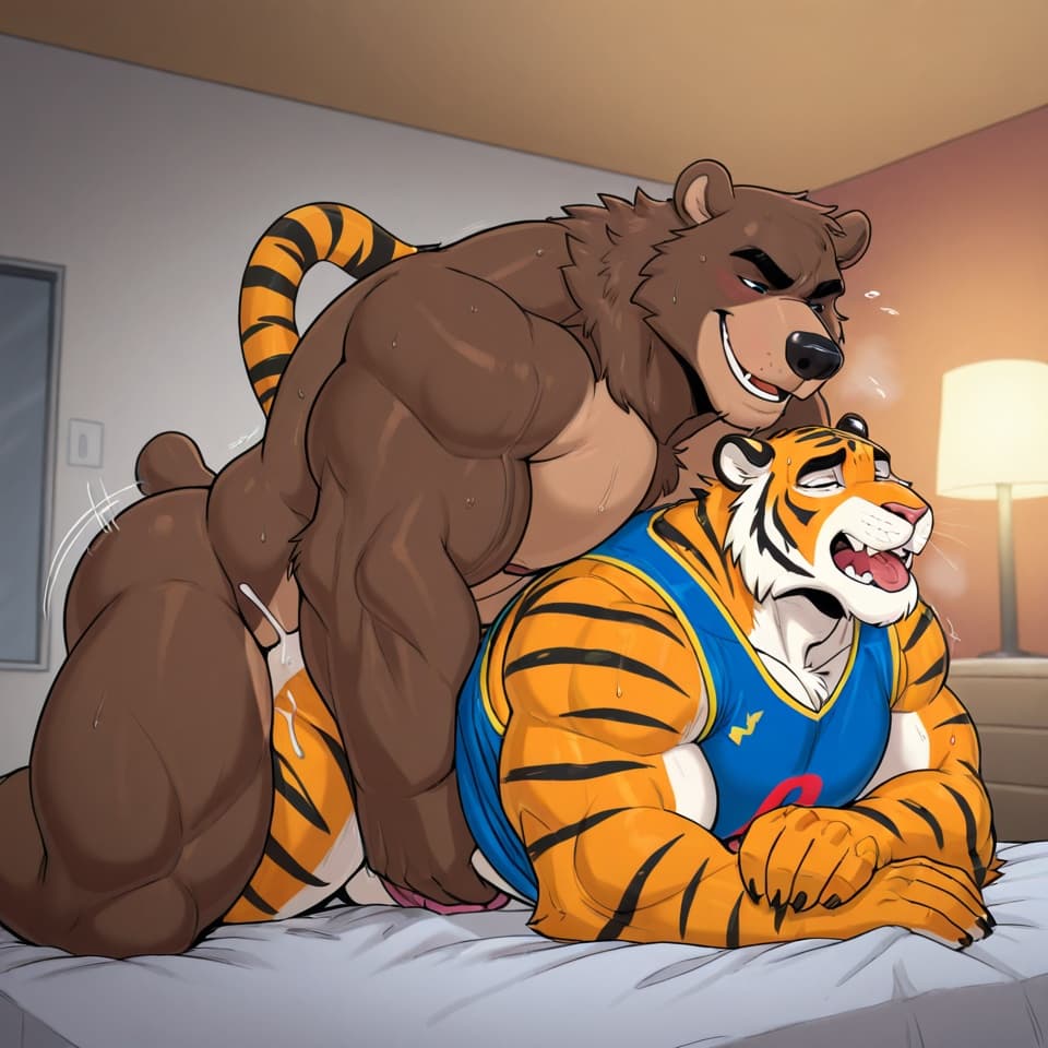 Cuban muscular bear fucking Venezuelan tiger doggystyle on motel bed, tiger wearing Venezuela jersey pulled up on his back, bear wearing Cuba shirt, deep penetration visible, tiger's tail up, bear pul