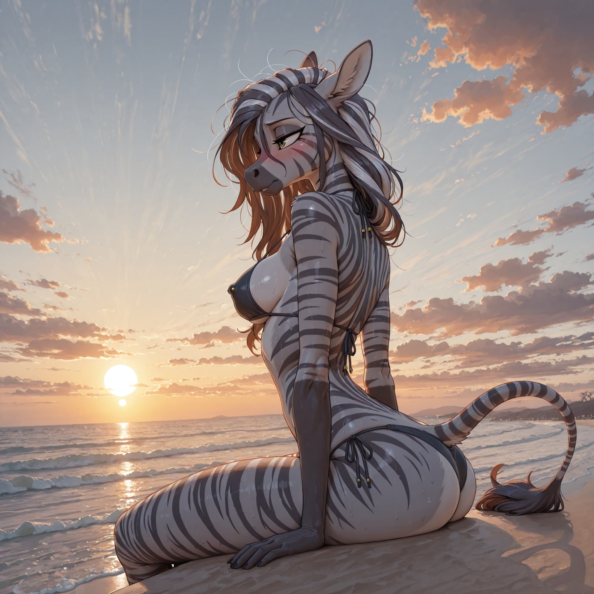 by_the_miniscule_task:1.7, long_hair, female_zebra:1.8, medium_breasts,   messy_hair:1.6, noon, beach,  nipple_outline, blushing_profusely:1.6, side-tie_bikini, multiple_poses:1.5, nipple_piercing, pr