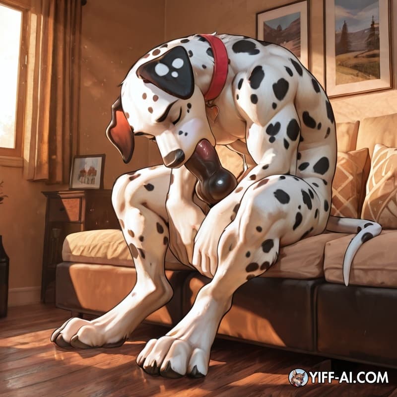 Solo, anthro, Dalmatian, teenager, muscular_anthro, digitigrade, big_feet, big_paw, big_hands, cock, knot, autofellatio,