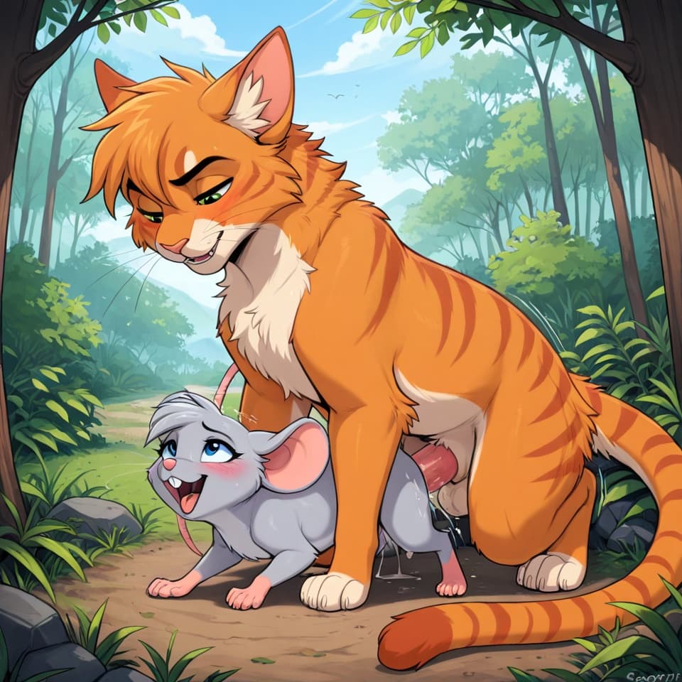 (Male cat, (feral:1.3), humanoid_penis), (female mouse, (feral:1.3)), vaginal_penetration, penetration, feral_on_feral, feral_penetrating_feral, size_difference, larger_male, male_penetrating_female,