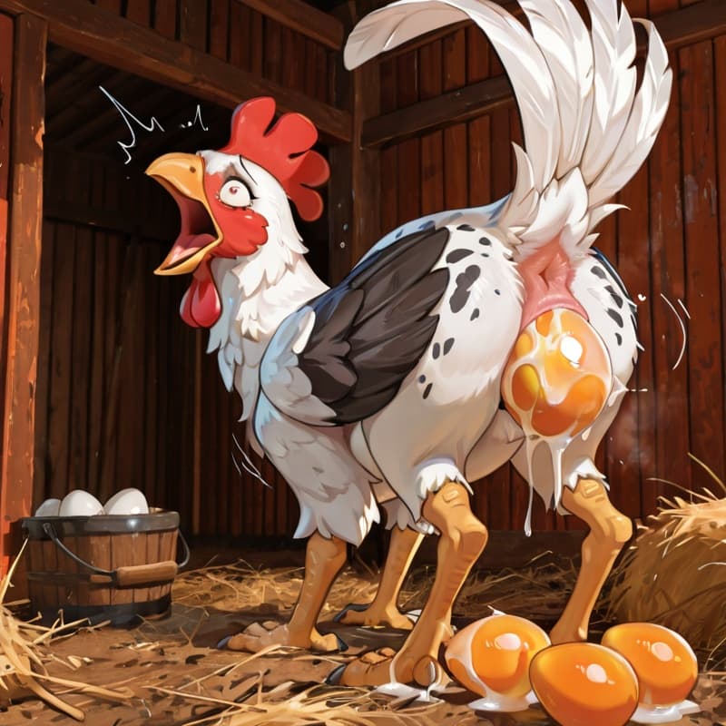 solo, (feral:1.3), avian, white_feathers, chicken, barn, outside,  oviposition, egg, egg_laying, straining, pain, (presenting_hindquarters:1.3), screaming, chicken-wing_tied, panicking, wide_eyed, 