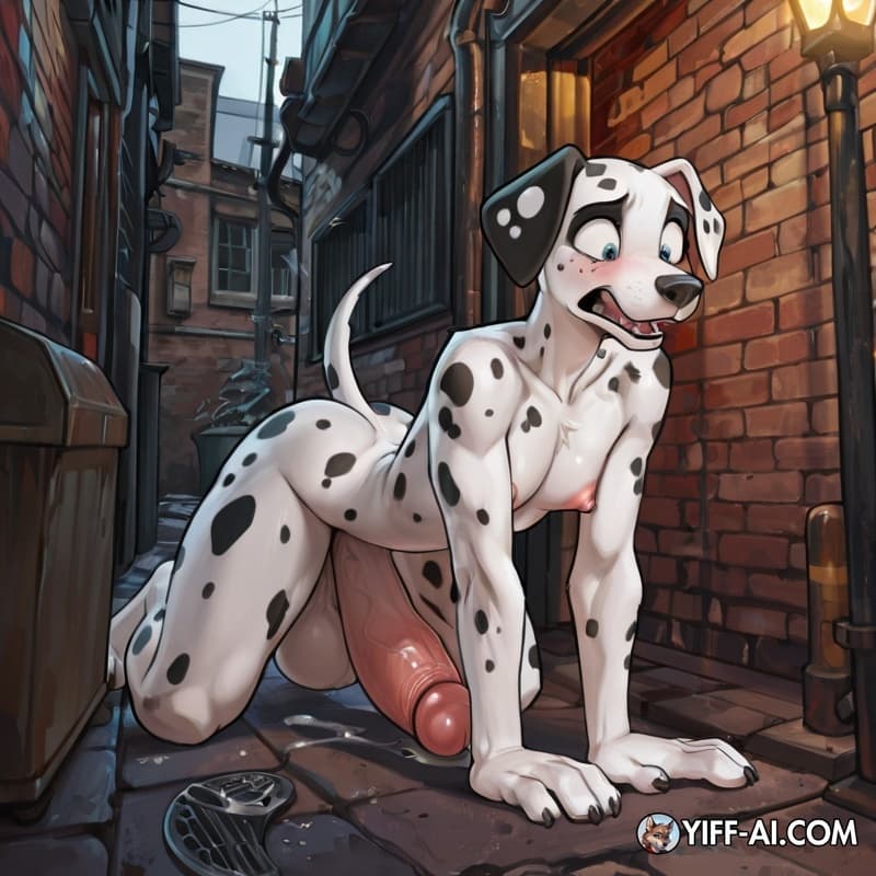 Dalmatian, adolescent_anthro, big_cocks, big_hands, big_feet, hyper_penis, erect_nipples, big_nipples, cumming, scared_face, alley, all_fours, 