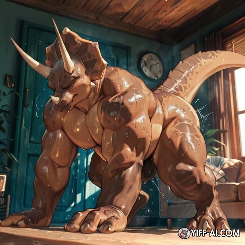 Triceratops, male/male, big_hands, big_feet, muscular, muscular_male, musclegut,  sweating, standing_doggystyle, adult_on_adolescent, 
