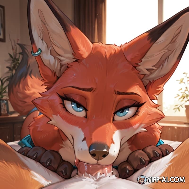 Fox furry-specific_piercing, blue_eyes, red_fur, submissive, pov_blowjob, 