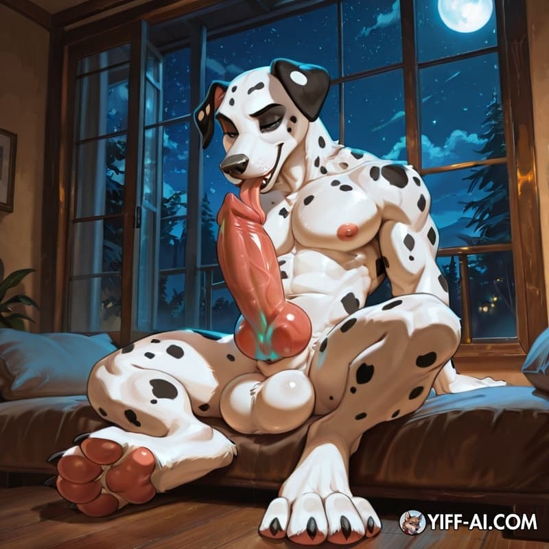 Solo, anthro, Dalmatian, adult, muscular_anthro, muscular_male, digitigrade, big_feet, big_paw, big_hands, big_cock, knot, horny, night, licking_his_own_foot, sitting, 