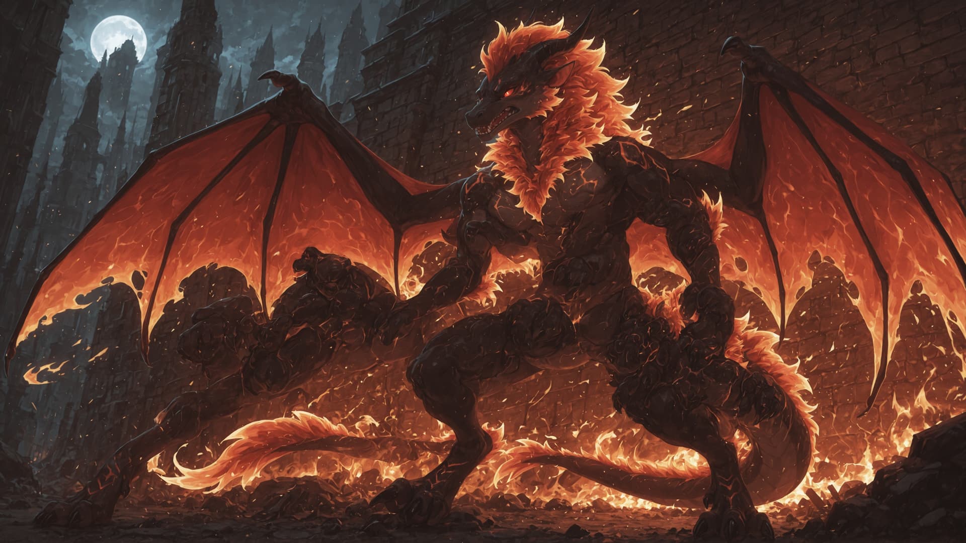 by_ruaidri, solo, demonic, anthro, dragon, furred_dragon, furry_tail, digitigrade, three_toes, clawed_feet, fire_mane, fire_spine, runic_markings, glowing_markings, angry, glowing_eyes, red_sclera, fi