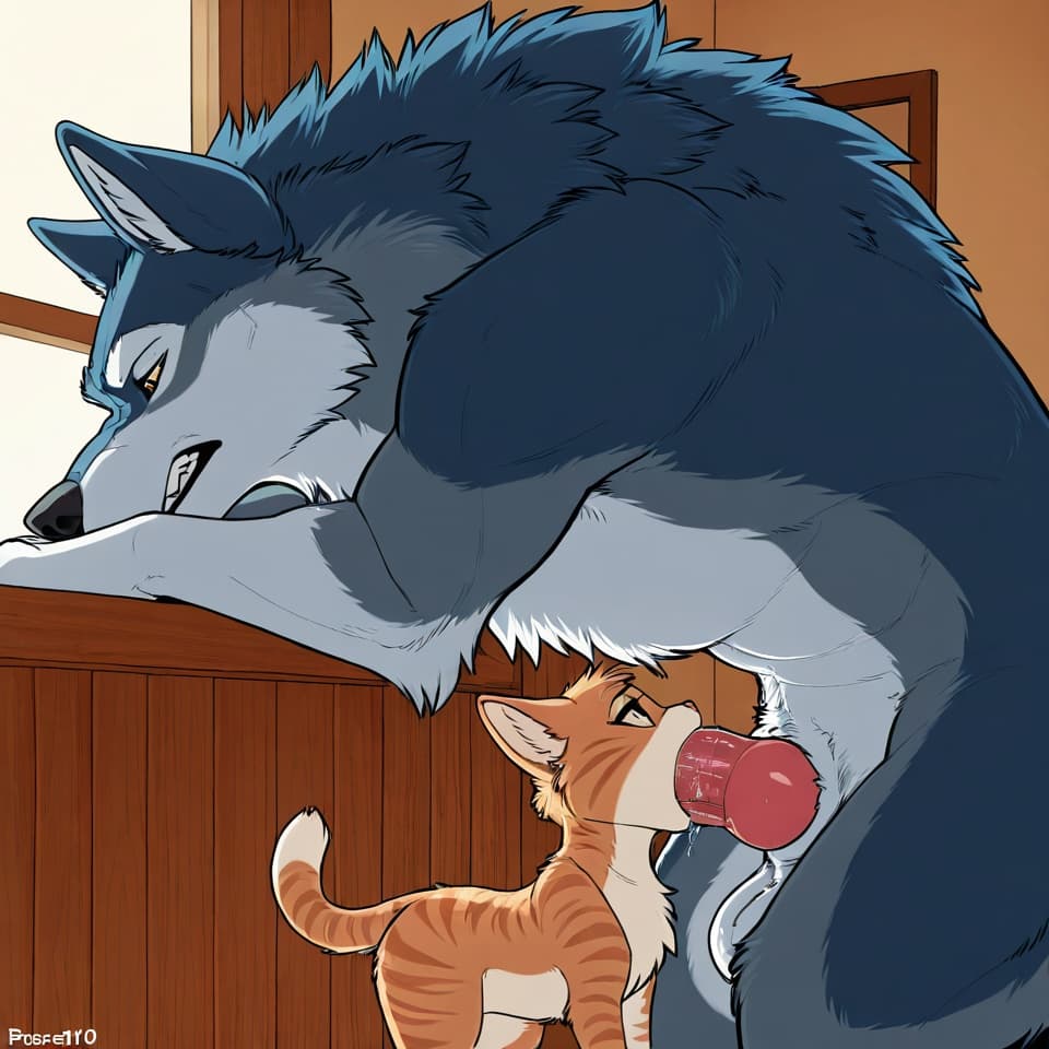 (Male wolf, huge, (feral:1.3), humanoid_penis), (female house_cat, (feral:1.3)), oral_penetration, feral_on_feral, feral_penetrating_feral, size_difference, larger_male, random_position,