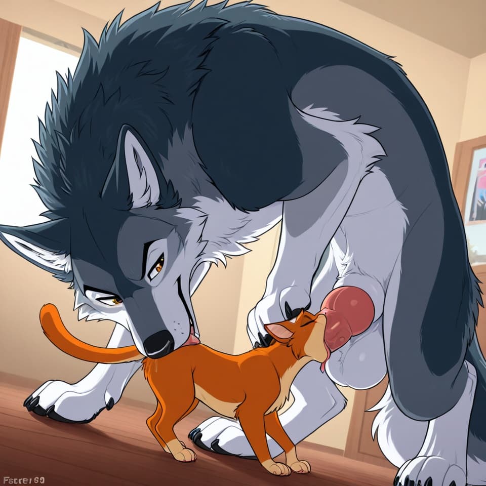 Duo, (Male wolf, huge, (feral:1.3), humanoid_penis), (female house_cat, (feral:1.3)), oral_penetration, feral_on_feral, feral_penetrating_feral, size_difference, larger_male, (female_penetrated:1.3), 