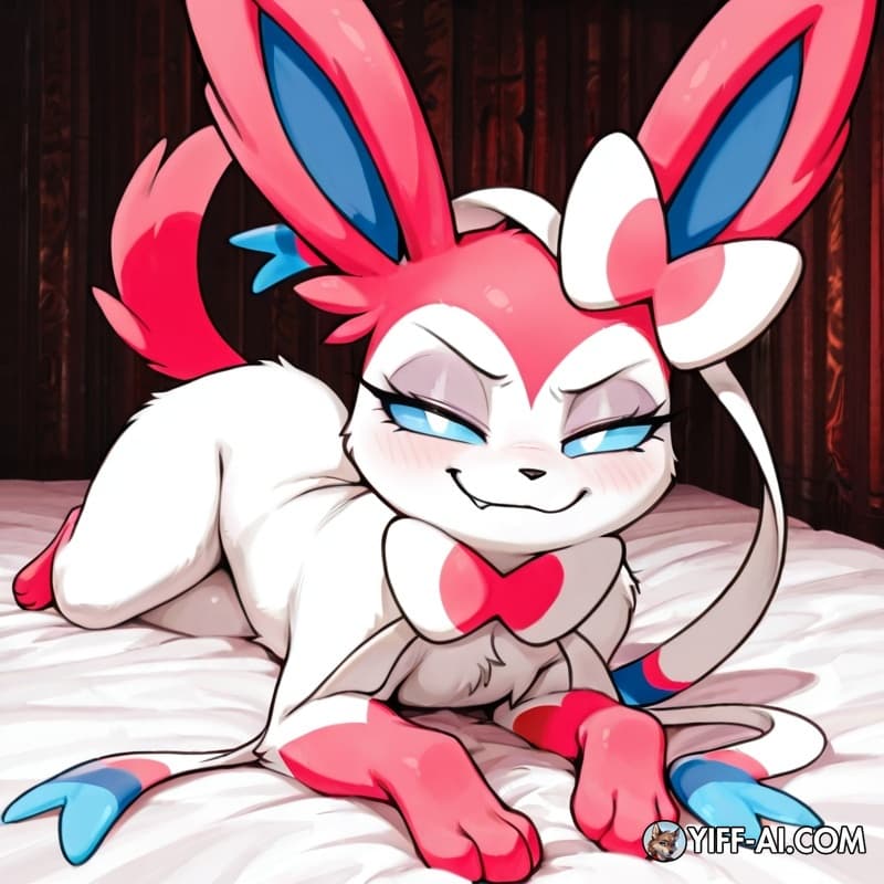 a female sylveon laying on her side on a bed looking at the viewer with a smug expression