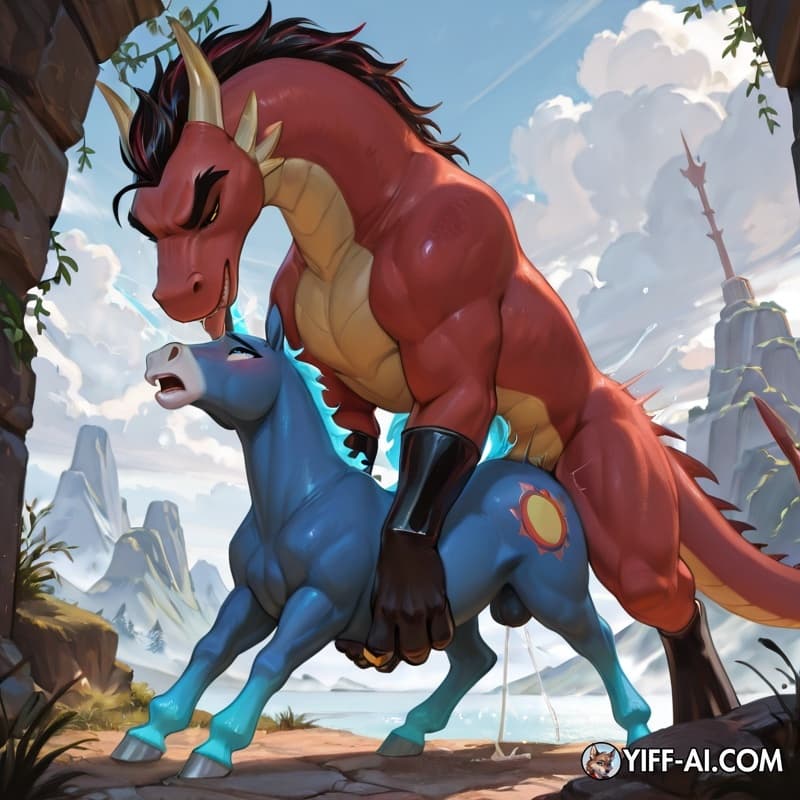 Duo, Ladon Dragon (from Shazam! Fury of the Gods) penetrated Unicorn (from Shazam! Fury of the Gods), feral, reasitic


