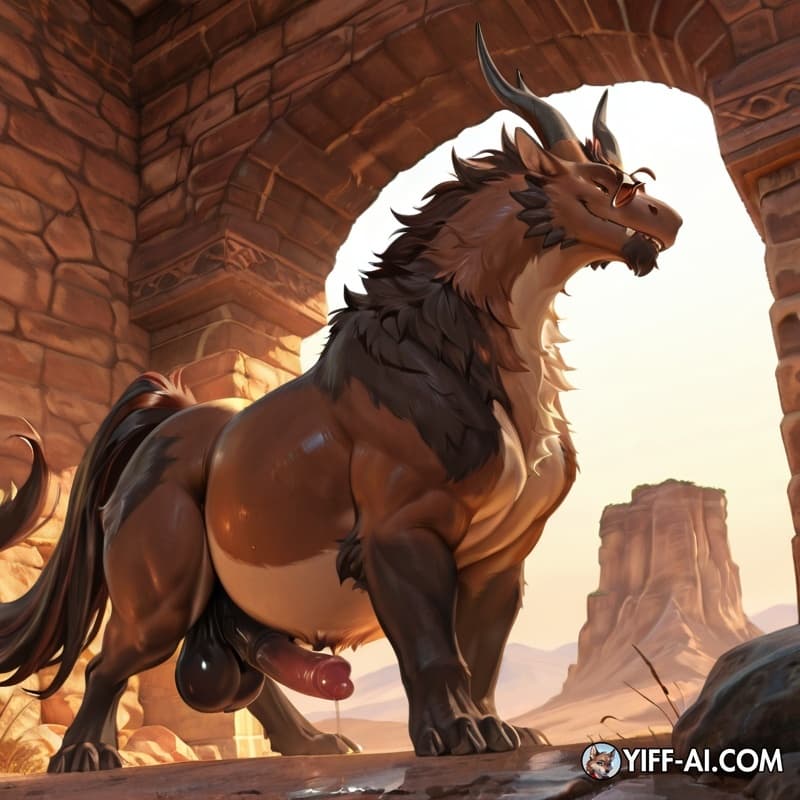 Feral solo dragon hybrid eastern western dragon furred brown shades of furr dear horns big fat horse dick 