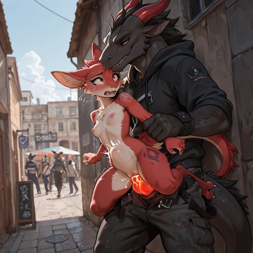 by_sterr, male/female, duo, detailed_fur, female_avali, female, red_female, small_breasts, breasts, exposed_breasts, exposed_pussy, avali, digitigrade, three_toes, clawed_feet, bouncing_breasts, drago