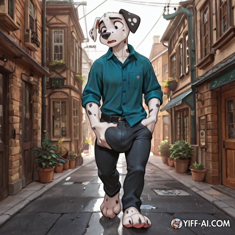 Dalmatian, adolescent_anthro, button_down_shirt, pants, big_hands, big_feet, walking, street, big_bulge, bulge_grab, sweat, panting, solo, three-quarter_view, 