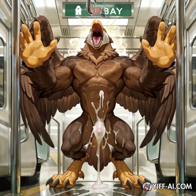 Eagle, muscular_male, subway, leaking_lot_of_cum, size_transformation, feathered_wings, digitigrade, big_feet, big_hands, screaming, hypnosis