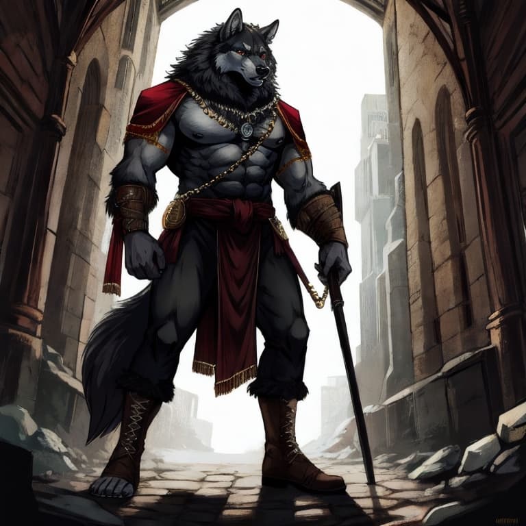 Umbra, a mature anthropomorphic black wolf warrior with a lean muscular build and grounded proportions. Thick layered black fur with dark charcoal gray accents across the chest and muzzle. Emerald gre
