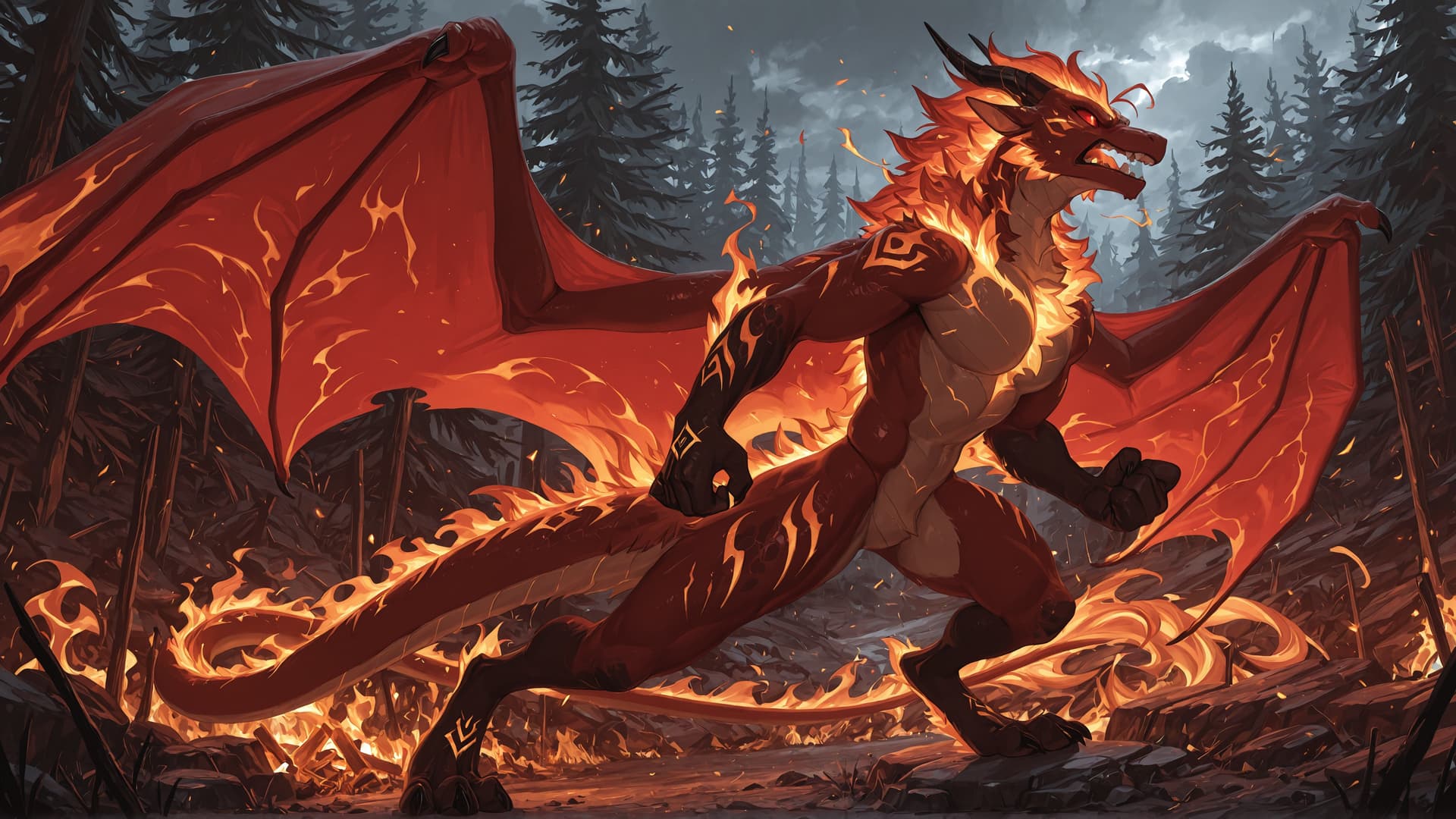 by_kluclew, solo, demonic, anthro, dragon, furred_dragon, furry_tail, digitigrade, three_toes, clawed_feet, fire_mane, fire_spine, runic_markings, glowing_markings, angry, glowing_eyes, red_sclera, fi