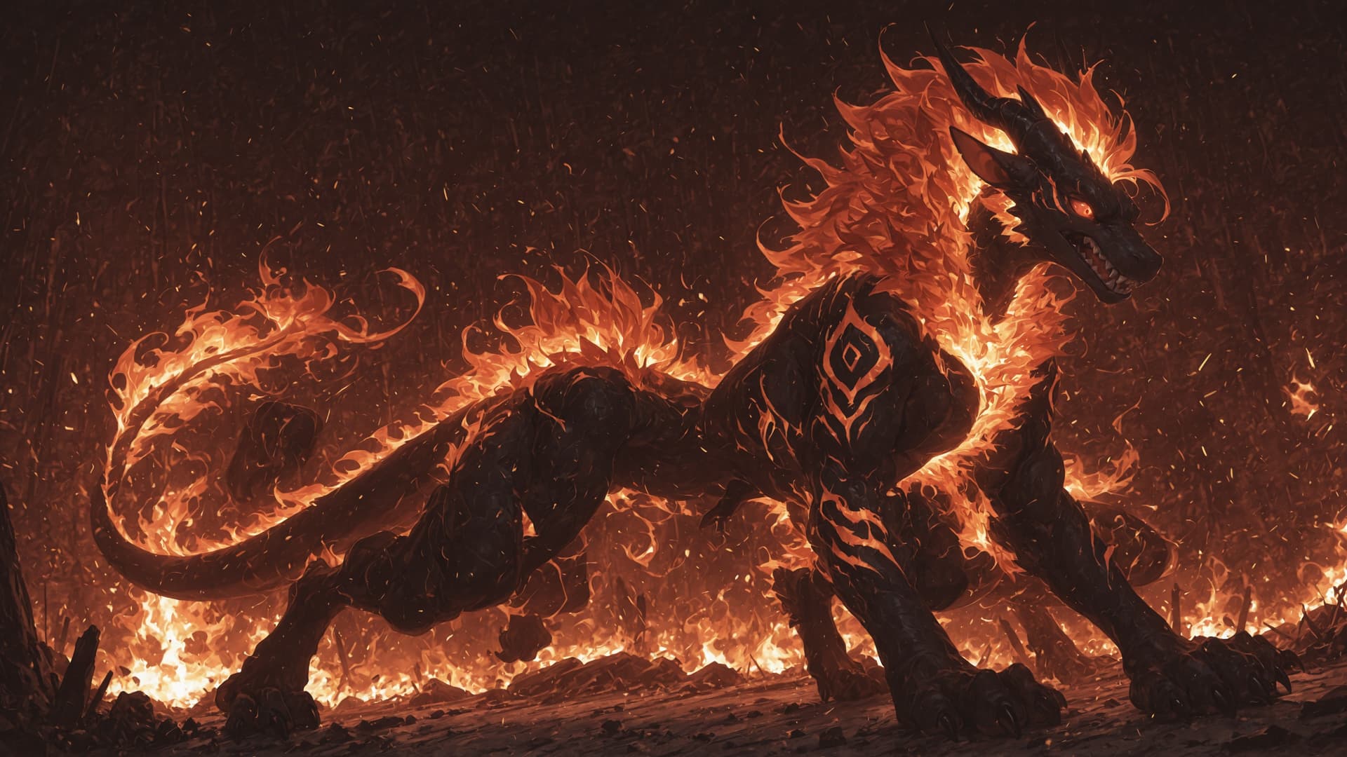 by_ruaidri, solo, demonic, dragon, furred_dragon, furry_tail, digitigrade, three_toes, clawed_feet, fire_mane, fire_spine, runic_markings, glowing_markings, angry, glowing_eyes, red_sclera